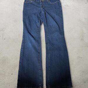 THRE3 Clothing Co Womens Dark Wash Flare Jeans Y2K Low Rise Stretch Denim